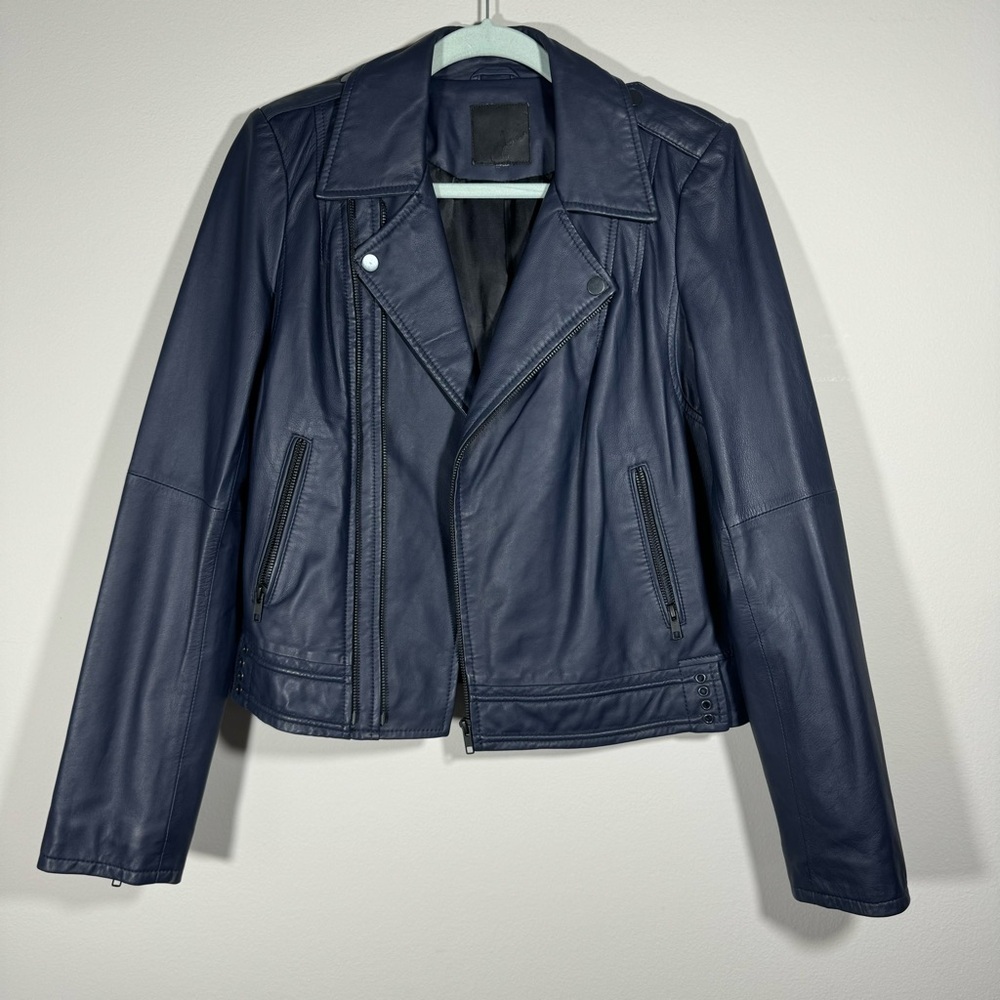 JOIE Caldine Moto Jacket Navy Blue Leather Zip Up Collared Women’s Size Medium - Picture 16 of 16